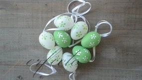 Zöld-fehér függő tojás dísz szett, 20db, 3x4cm, műanyag