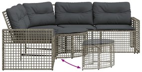 L-alakú szürke polyrattan kerti kanapé párnákkal és lábtartóval