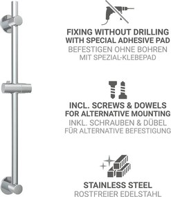 Fényes ezüstszínű öntapadós rozsdamentes acél zuhanytartó tolható tartóval 70 cm – Wenko