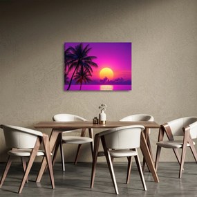 Üveg kép - Lila naplemente pálmafával (70x50 cm)