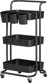 HOMCOM 3-rétegű Tálalókocsi Karral, Gurulós Konyhai Kocsi Akasztókkal és Tároló Kosarakkal, Többcélú Kocsi Konyhába, Irodába, Fürdőszobába, Fekete | A