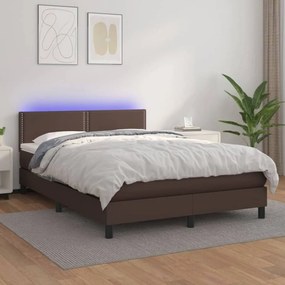 Barna műbőr rugós ágy matraccal és LED-del 140x200 cm