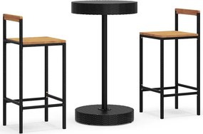 vidaXL 3 részes fekete polyrattan és tömör akácfa kerti bárszett