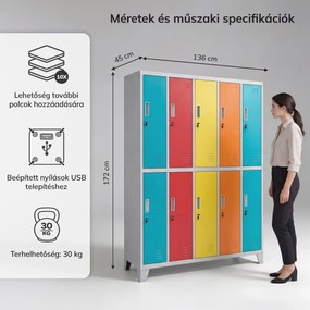 BOZP öltözőszekrény 10 ajtós szürke-többszínű: BARTEK 1360 x 1720 x 450 mm
