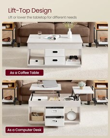 Dohányzóasztal, felemelhető asztallapos dohányzóasztal 2 fiókkal és rejtett rekesszel, bézs