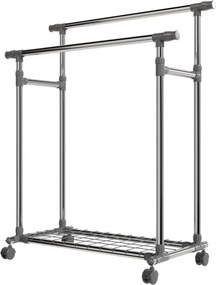 Fém ruhaállvány kerekeken 2 rúddal + polcokkal