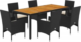 vidaXL 7részes fekete polyrattan/akácfa kerti étkezőgarnitúra párnákkal