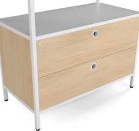 Polc fiókokkal irodába, iratrendezőkhöz és dokumentumokhoz, nyitott polcok, fém, fehér/sonoma tölgy, 800x2200x400 mm: ARIEL Eco Design