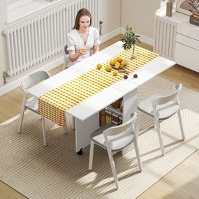 HOMCOM Összecsukható Étkezőasztal Konyhai Asztal Kerekekkel, Összecsukható Szárnyakkal és Polcokkal 4-6 Fő Részére 75x140x74 cm Fehér | Aosom