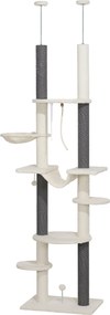 PawHut Mennyezeti Kapaszkodó Karfa, Macskafa, 225-255 cm Magasságú Karcoló, Fészkekkel, Kapaszkodó Posztokkal, Kosárral, Játékfallal, Macska Bútor Bil