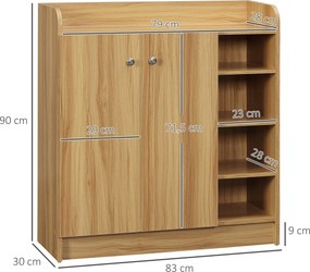 HOMCOM Cipőtároló Szekrény Előszobába - Cipőszekrény 4 Nyitott Rekesszel és Kétajtós Szekrénnyel - Állítható Polc - 83L x 30W x 90H cm - Barna | Aosom
