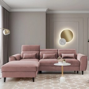 Rózsaszín bársony kinyitható-tárolóhelyes sarokkanapé (bal oldali-heverő résszel) Foble – ELTAP