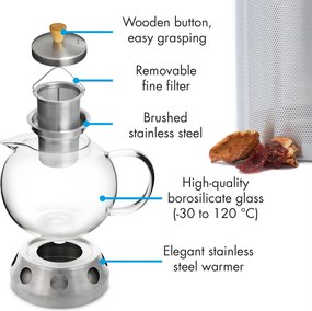 Klarstein Sencha, formatervezett teáskancsó, melegítővel, 1,3 L, Hibiscus rozsdamentes acélból, szűrő