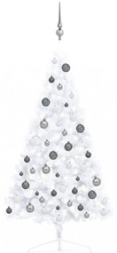 Fehér fél műkarácsonyfa LED-ekkel és gömbszettel 120 cm