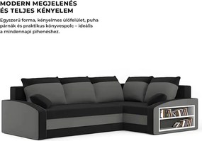 Grande sarokkanapé polcokkal , polc a jobb karfaban, jobboldali, szövet anyag, bonell töltet, fekete - szürke