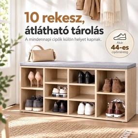 SONGMICS cipőpad 10 rekesszel, párnázott ülőfelülettel, 104 x 30 x 48 cm, max. 150 kg, tölgy