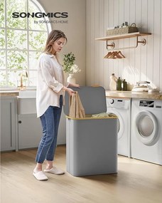 Szennyeskosár fedéllel, 3 rekeszes, 150 L, kivehető zsák, 60 x 38,5 x 70,5 cm, szürke