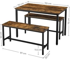 Étkezőasztal 2 paddal, 110 x 75 x 70 cm, rusztikus barna