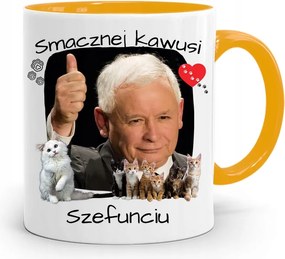 Sárga Vicces Bögre Jaroslaw Kaczynski felirattal, fényképpel