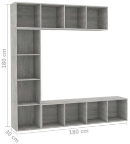 3-részes betonszürke könyv-/TV-szekrényszett 180 x 30 x 180 cm