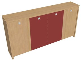 Verno közepes gardrób 248 x 46 x 130 cm, kombinált ajtó, világos tölgy / piros