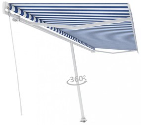 kék és fehér kézzel kihúzható póznás napellenző 500 x 350 cm
