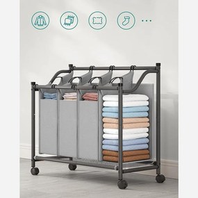 Szennyeskosár görgőkkel 4 x 35l, 4 kivehető táskával, szürke