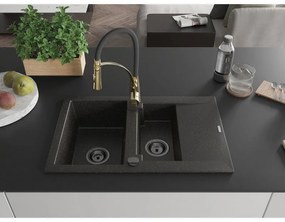 Mexen Gaspar, 1,5-kamrás gránit mosogató 737x475x177 mm és Aster mosogató csaptelep, fekete-arany metál, 6507-75-73450-57-B