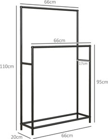 HOMCOM Törölközőtartó, szabadon álló, 2 rúd, rozsdamentes, 66x 20x 110 cm, fekete