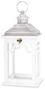 Sötétbarna 4szögletű fa lantern lámpás szürke áttört fém tetővel üvegezve 38,5x19x15cm