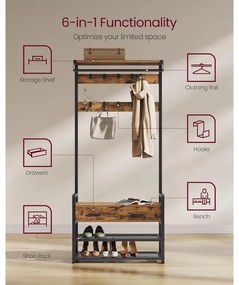 Előszobafal ülőkével, cipőtárolóval,szövetfiókkal,30 x 80,4 x 181,6 cm, rusztikus barna/fekete