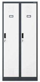 Pléh öltözőszekrény talpazaton, kétmodulos, polccal és köztes fallal KACPER, 800 x 1800 x 500 mm, antracit-fehér