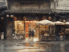 Vászonkép Canvas Tájkép Város Ázsia Kína Utca Bolt Eső 100x75