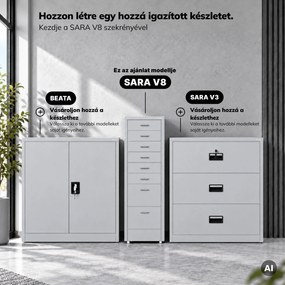Kartotékszekrény görgőkkel, fém, 8 fiókos, dokumentumokhoz, szürke, 300x1100x600 mm: SARA V8