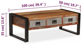 3-fiókos újrahasznosított fa dohányzóasztal 100 x 50 x 35 cm