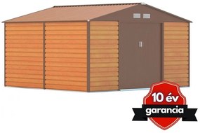 G21 GAH 1085 barna famintás fém kerti tároló ház, kb. 3,3 X 3,1 méter alapterület