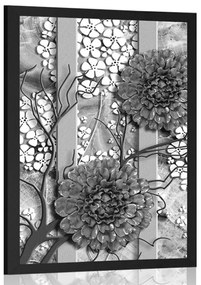 Poszter absztrakt virágok márvány alapon fekete-fehér kiviteben