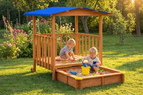 SUNNY verandás homokozó, 130x130x143cm, barna/kék Jurhan