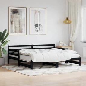 fekete tömör fenyőfa kihúzható kanapéágy 80 x 200 cm