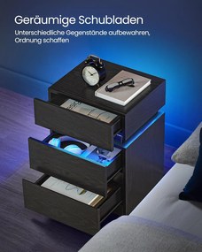 Éjjeliszekrény led világítással, állítható színű fény, 3 fiókos oldalasztal, 35 × 40 × 55 cm, fekete