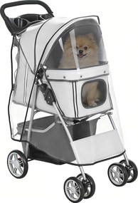 PawHut összecsukható kisállat babakocsi – vízlepergető, esőhuzattal, pohártartóval és tárolókosárral, fékes kerekek, 600D Oxford, acél váz – szürke |