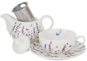 Levendulás porcelán egyszemélyes teáskészlet szűrővel díszdobozban