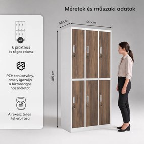 IGOR fehér / dió színű, 6 ajtós Eco Design BHP öltözőszekrény, 900 x 1850 x 450 mm