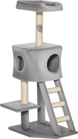 PawHut 120 cm-es Kaparfa Macska Tornyunk Búvóhellyel, Játékgolyóval, Zsinegzsinórokkal, Térrésszel, Lépcsővel, Több Szintes Macska Kaparfa, Mászófa Ma