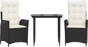 vidaXL 3 részes fekete polyrattan kerti étkezőgarnitúra párnákkal