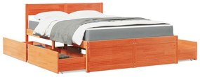 viaszbarna tömör fenyőfa ágy fiókokkal és matraccal 120x200 cm