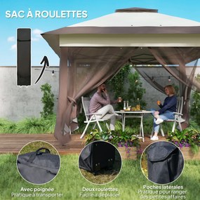 Outsunny Kültéri Kert Pavilon Összecsukható Pavilon 3.6x3.6m Dupla Tető Acél Poliészter Szúnyoghálóval + Kerekes Szállítótáskával Khaki Barna | Aosom