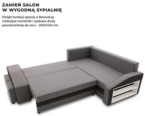 Grande sarokkanapé polcokkal és puffokkal , polc a jobb karfaban puffok a bal karfaban, jobboldali, szövet anyag, bonell töltet, szürke - fekete