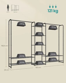 Ruhatartó állvány rúddal és polcokkal, fém kabáttartó, matt fekete