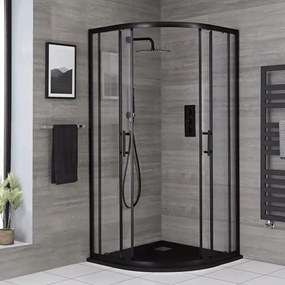 Stuxi Delhi Black 90x90 cm íves két tolóajtós zuhanykabin 6 mm vízlepergető biztonsági üveggel, fekete elemekkel, 190 cm magas